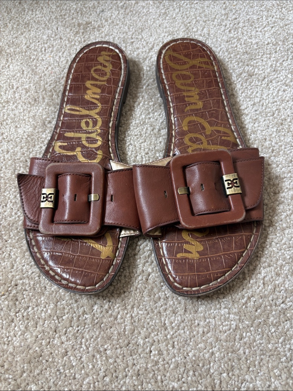 Sam Edelman Brown Leather Buckle Slide Sandals